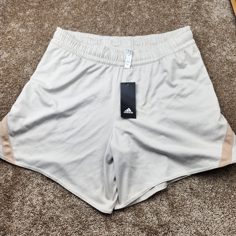 Adidas Womens Mesh Athletic Shorts Off-White‎ Orange Logo Size Large NWT